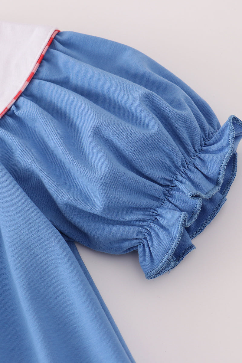 Blue tractor embroidery ruffle pants set