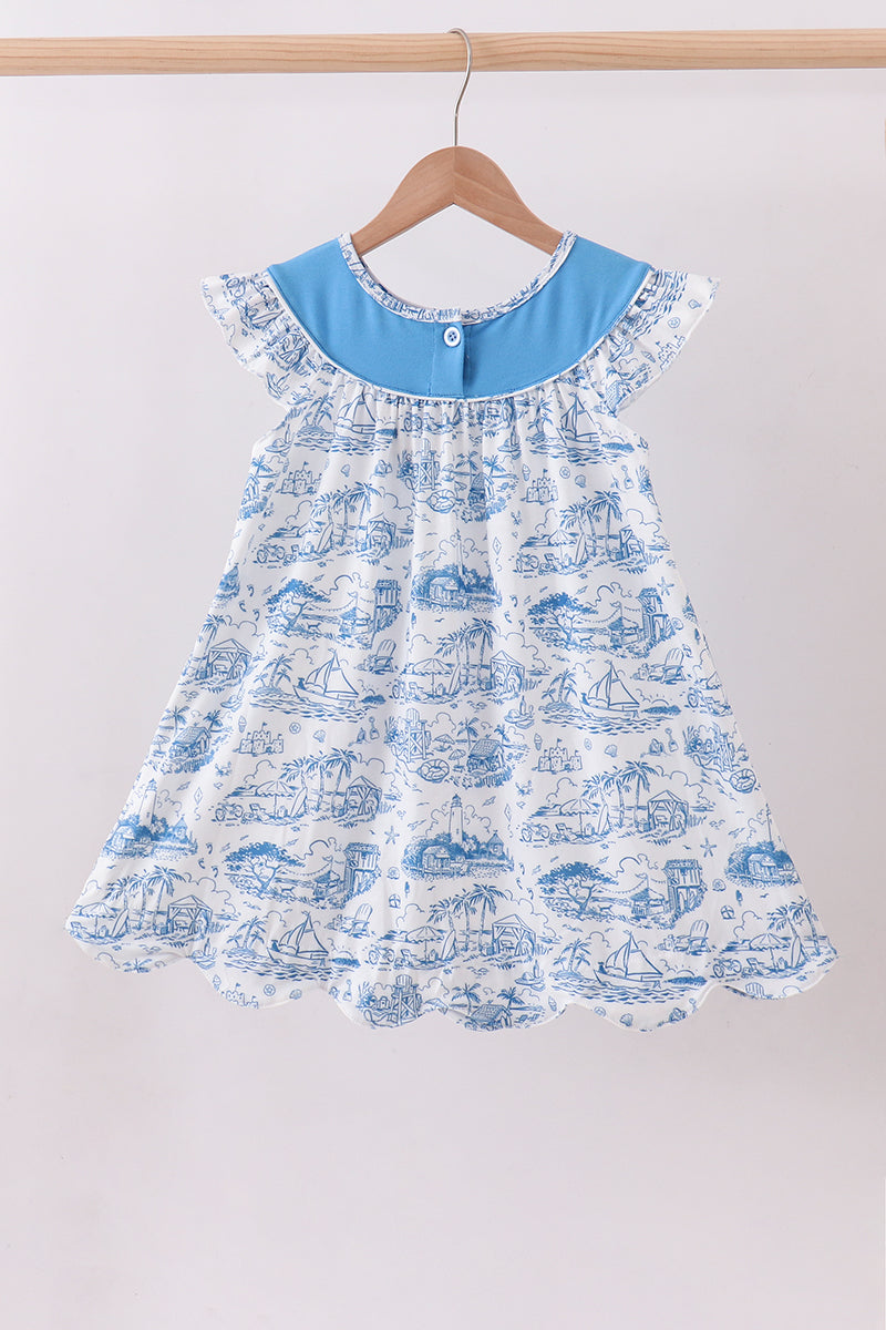 Blue mama's girl embroidery ruffle dress