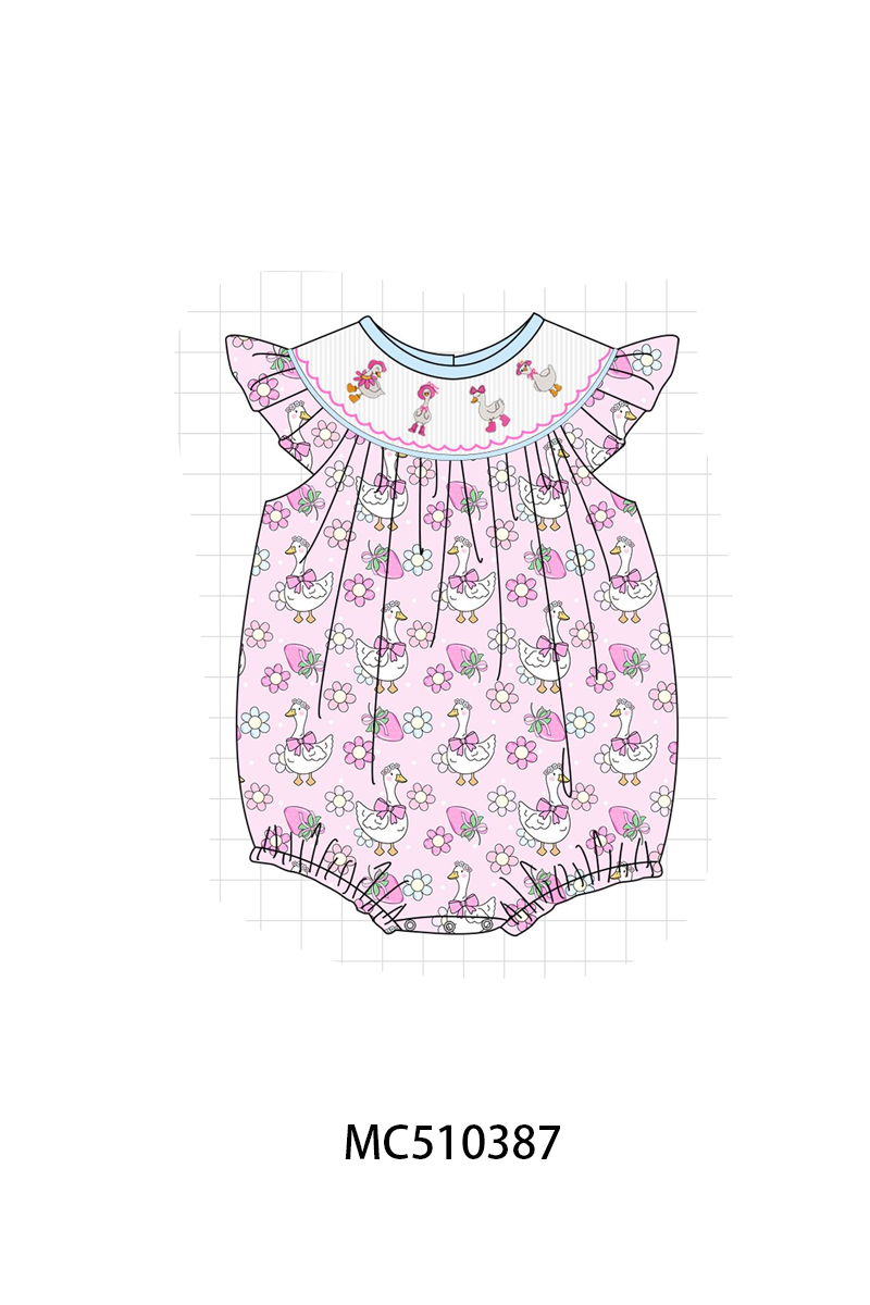Pink goose floral smocked ruffle bubble