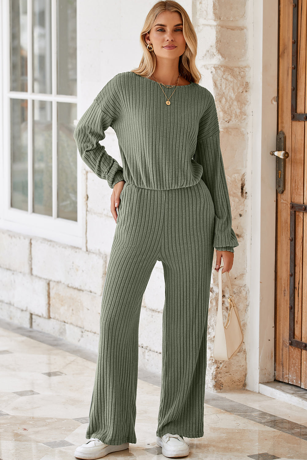 Laurel Green Solid Ribbed Knit Keyhole Back High Waist Jumpsuit