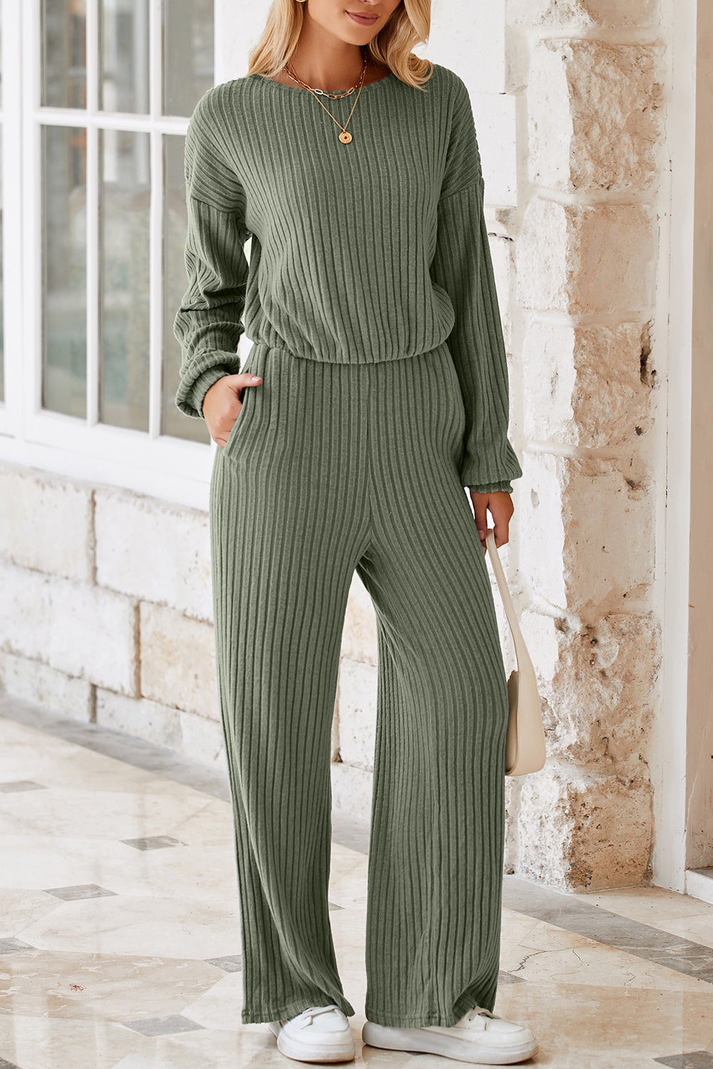 Laurel Green Solid Ribbed Knit Keyhole Back High Waist Jumpsuit