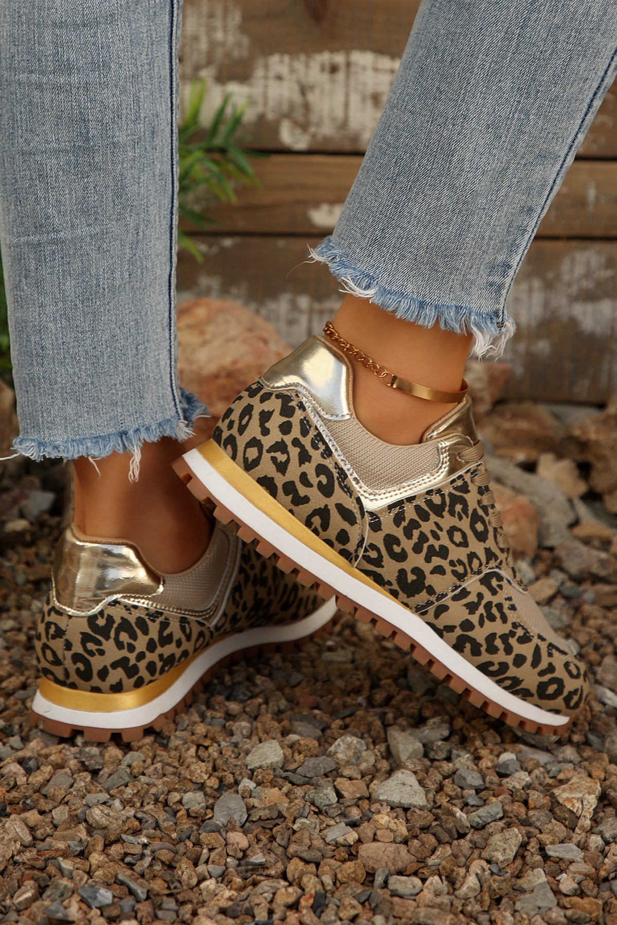 Coffee Leopard Faux Suede Mixed Patchwork Lace Up Sneakers