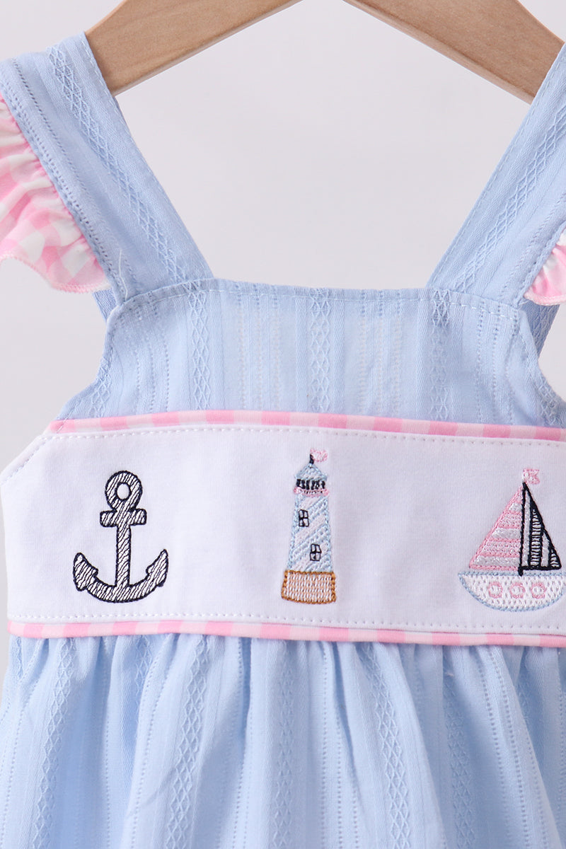 Blue sailboat embroidery jacquard ruffle bubble
