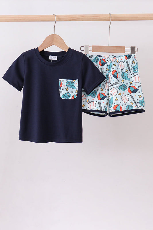 Navy baseball print shorts set