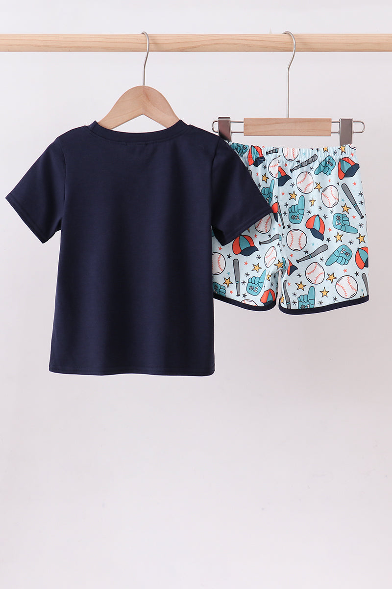 Navy baseball print shorts set