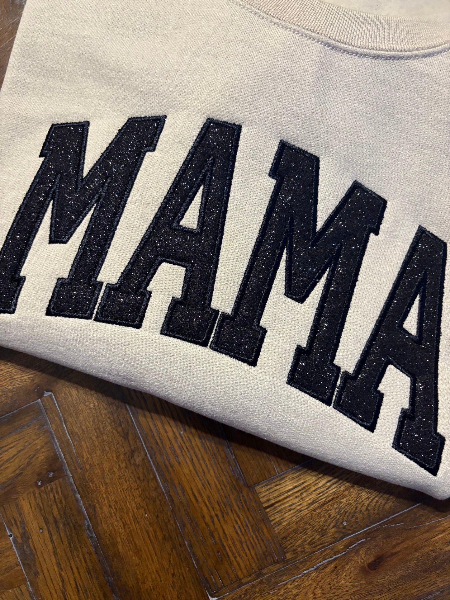 Mama embroidered black glitter vinyl sweatshirt