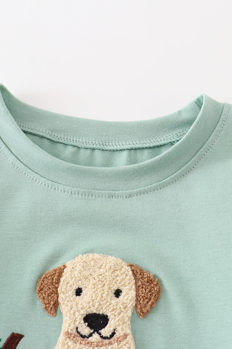 Green dog pumpkin french knot boy top