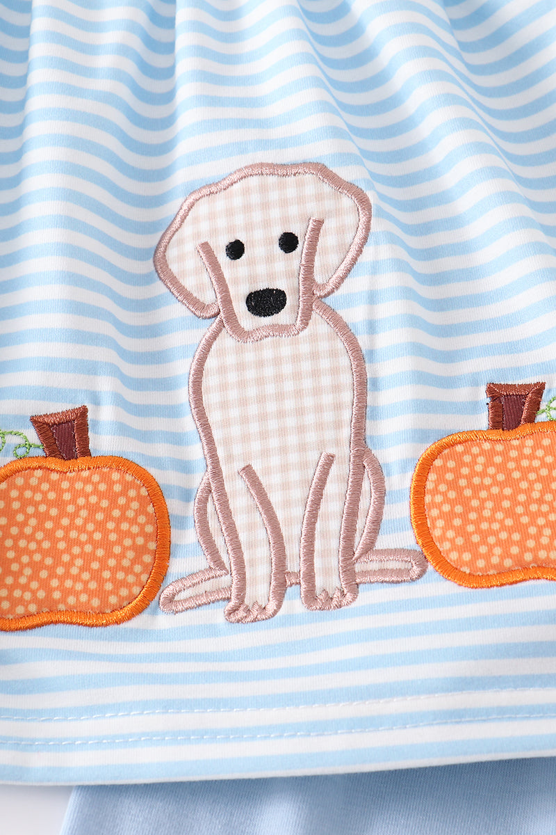 Blue stripe dog pumpkin applique girl set