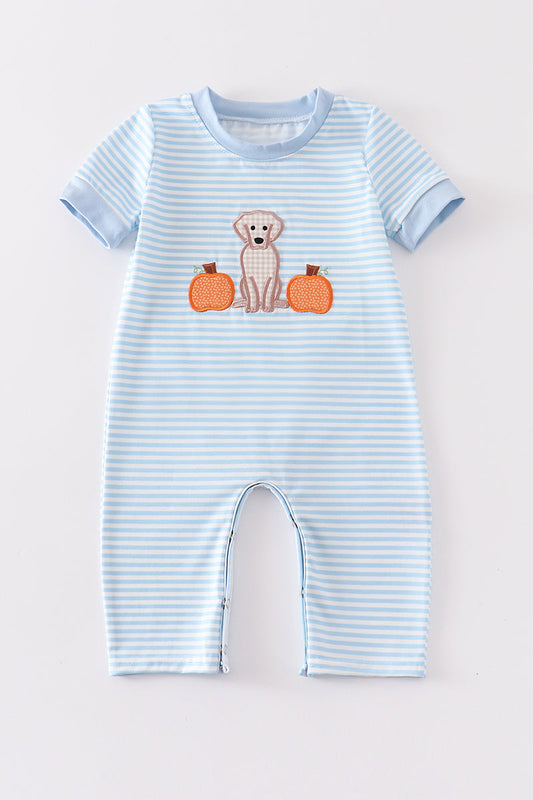 Blue dog pumpkin applique boy romper