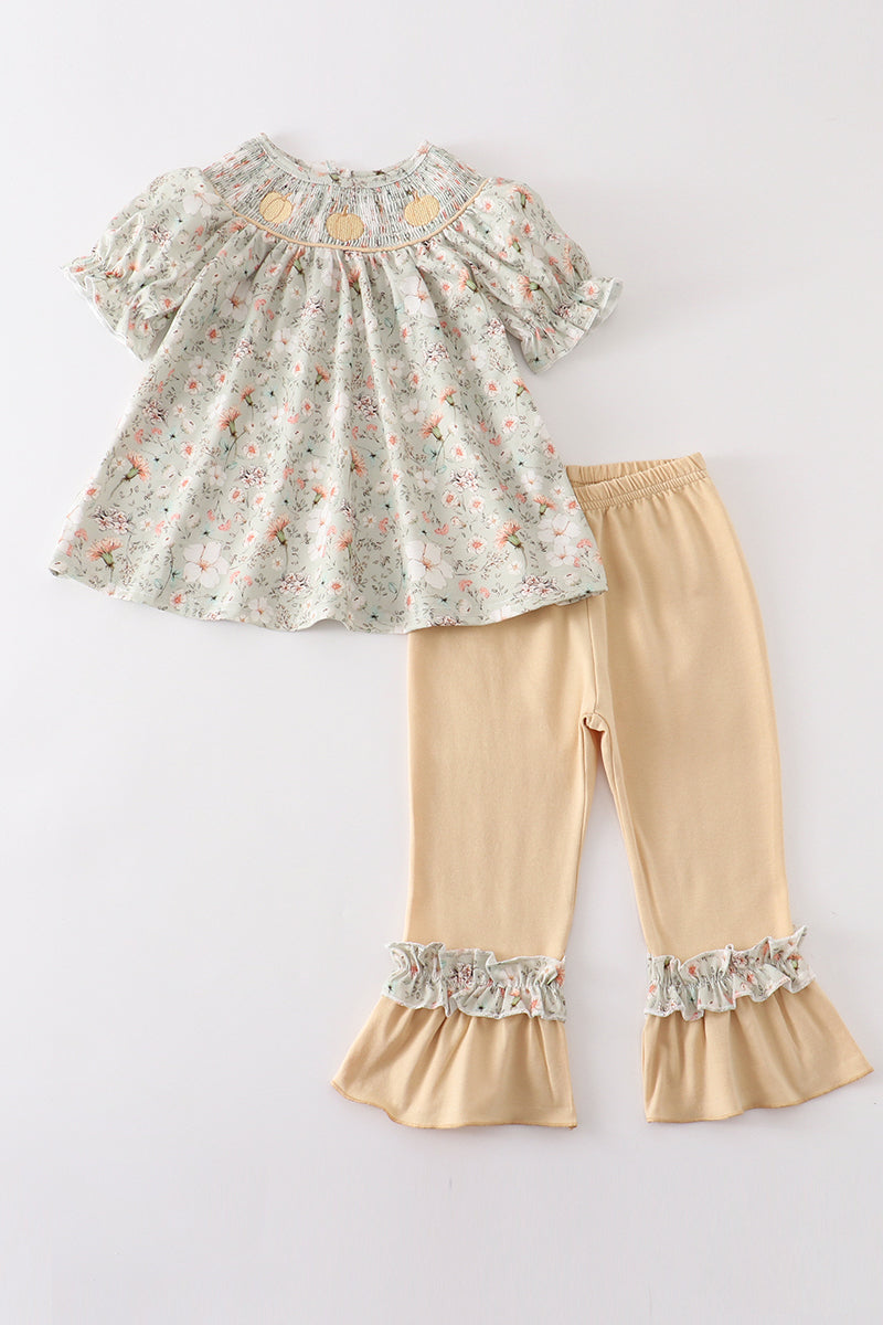 Green floral pumpkin embroidery girl set