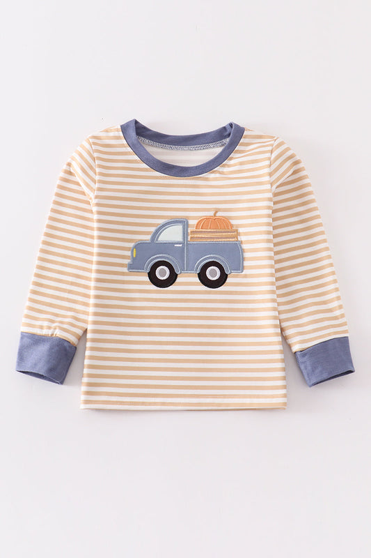 Brown stripe truck applique boy top