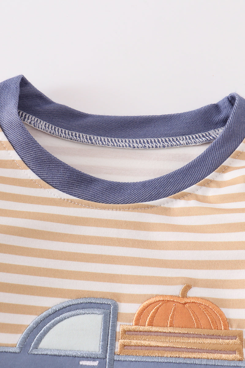 Brown stripe truck applique boy top