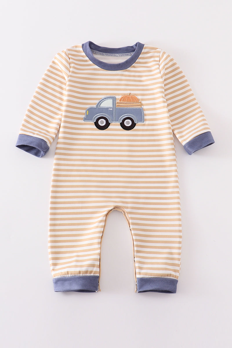 Brown stripe truck applique boy romper