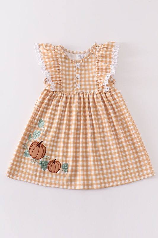 Mustard plaid pumpkin applique ruffle dress