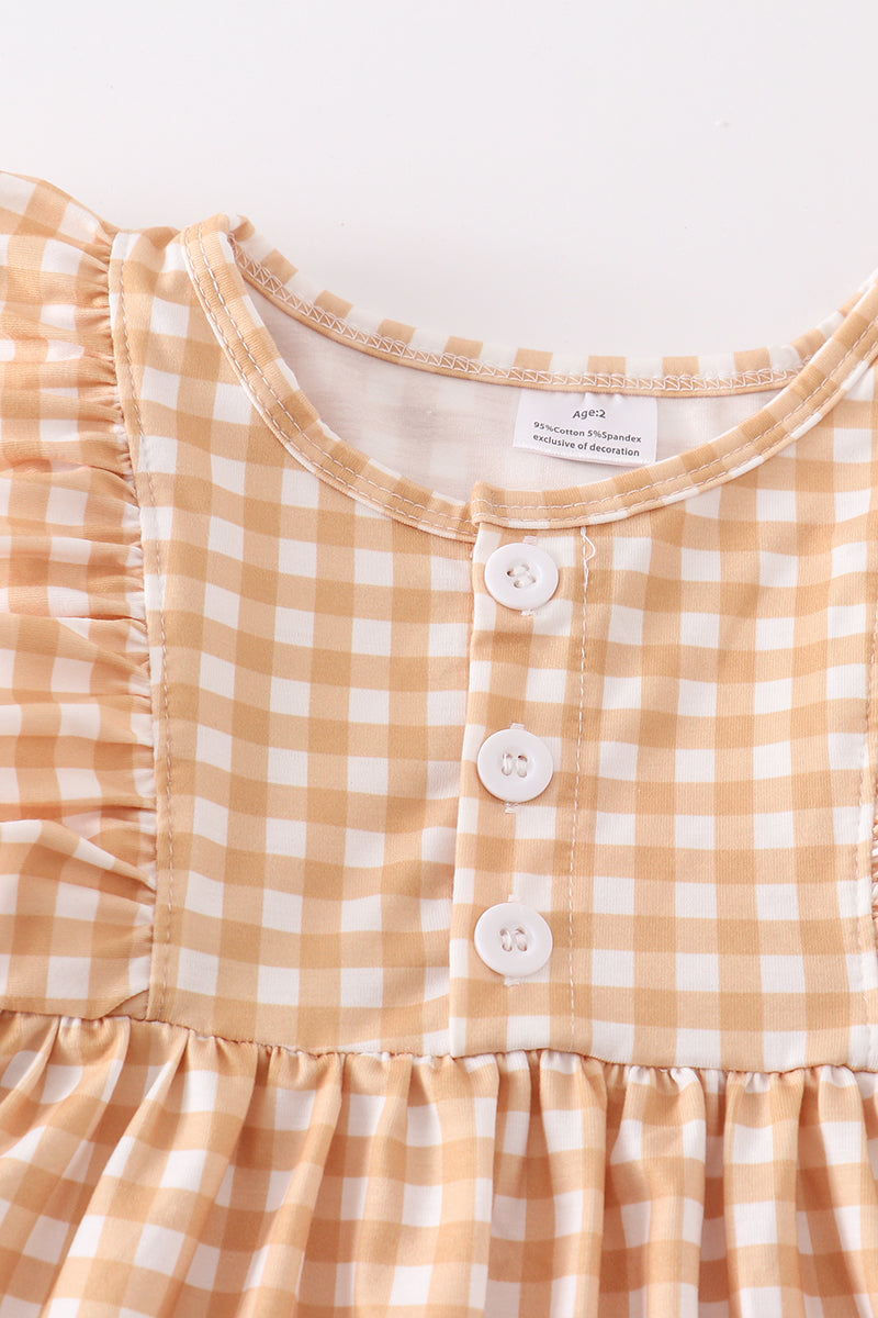 Mustard plaid pumpkin applique ruffle dress