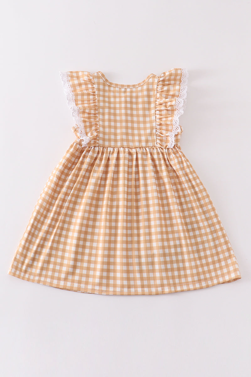 Mustard plaid pumpkin applique ruffle dress