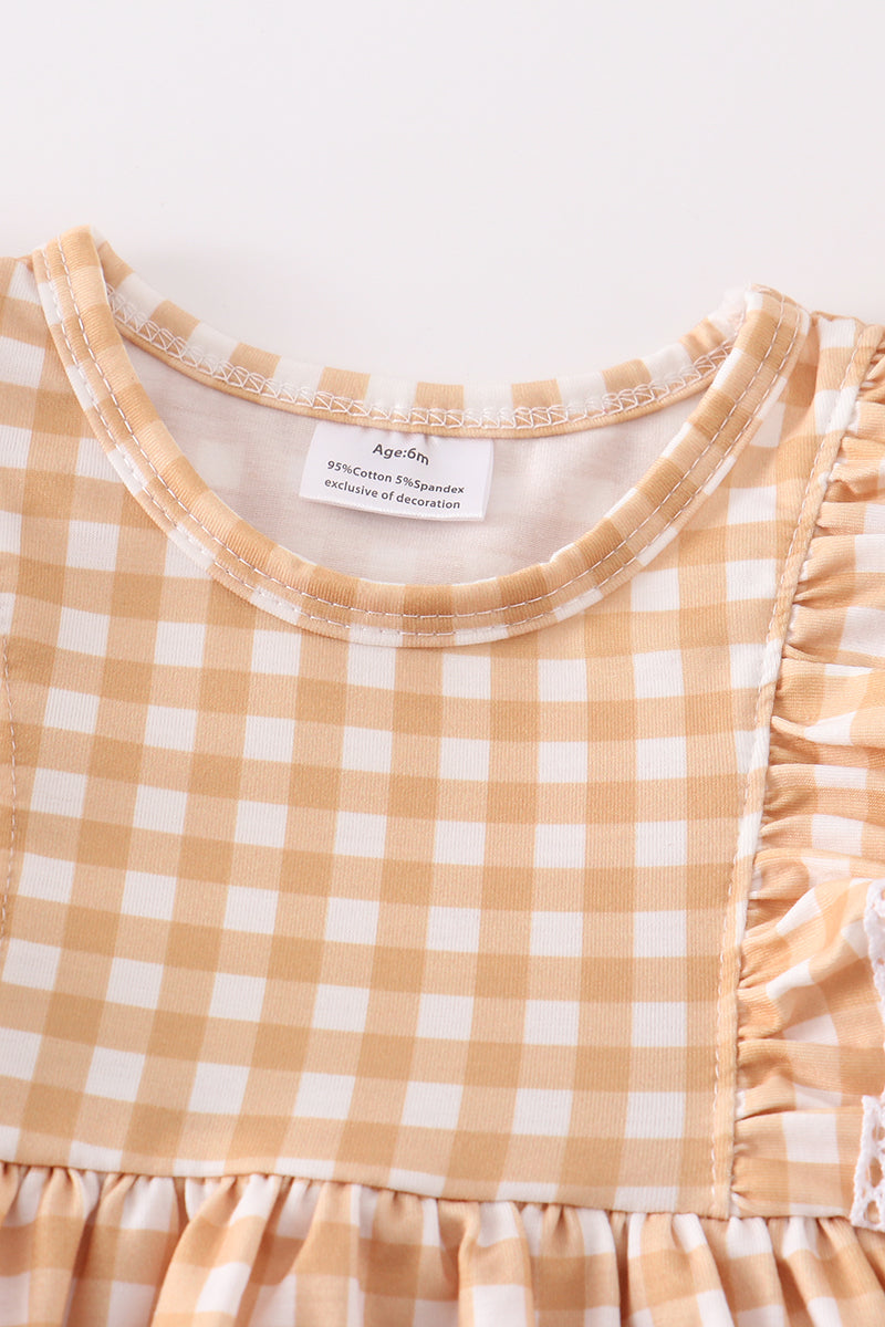 Mustard plaid pumpkin applique girl bubble