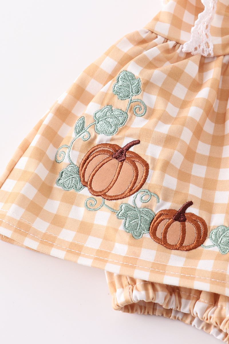 Mustard plaid pumpkin applique girl bubble