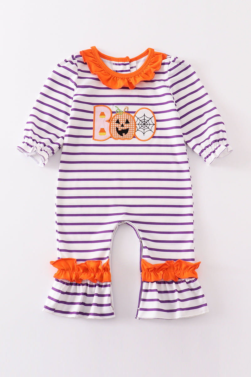 Purple stripe BOO applique girl romper