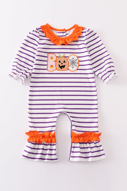 Purple stripe BOO applique girl romper