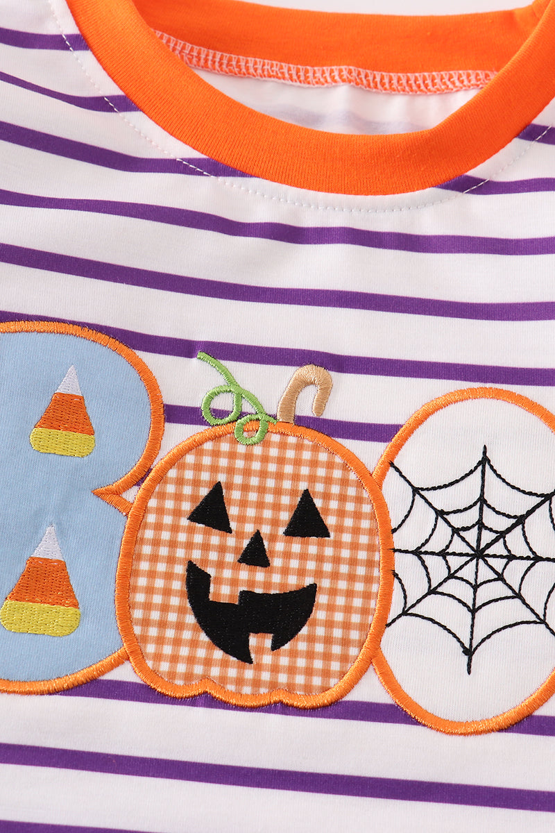 Purple stripe BOO applique boy top