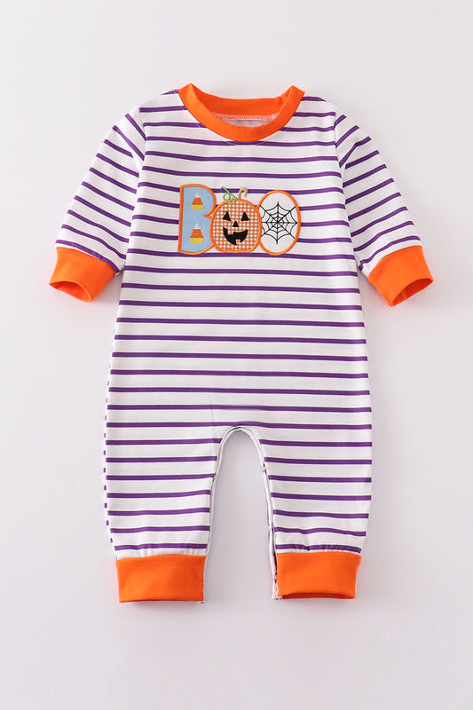 Purple stripe BOO applique boy romper