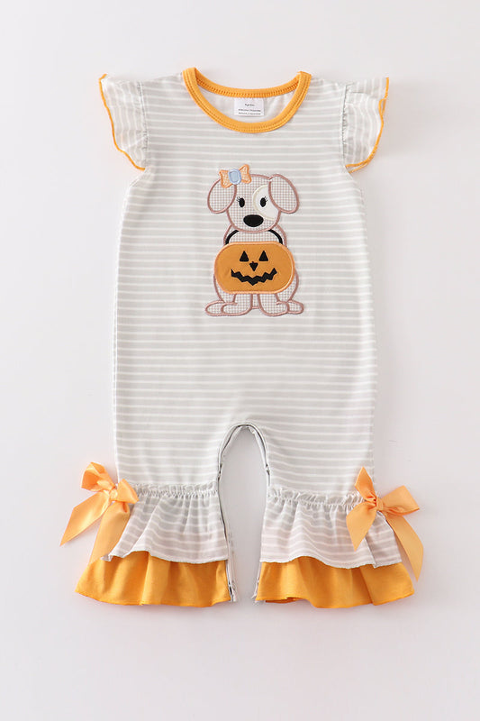 Grey stripe pumpkin applique girl romper