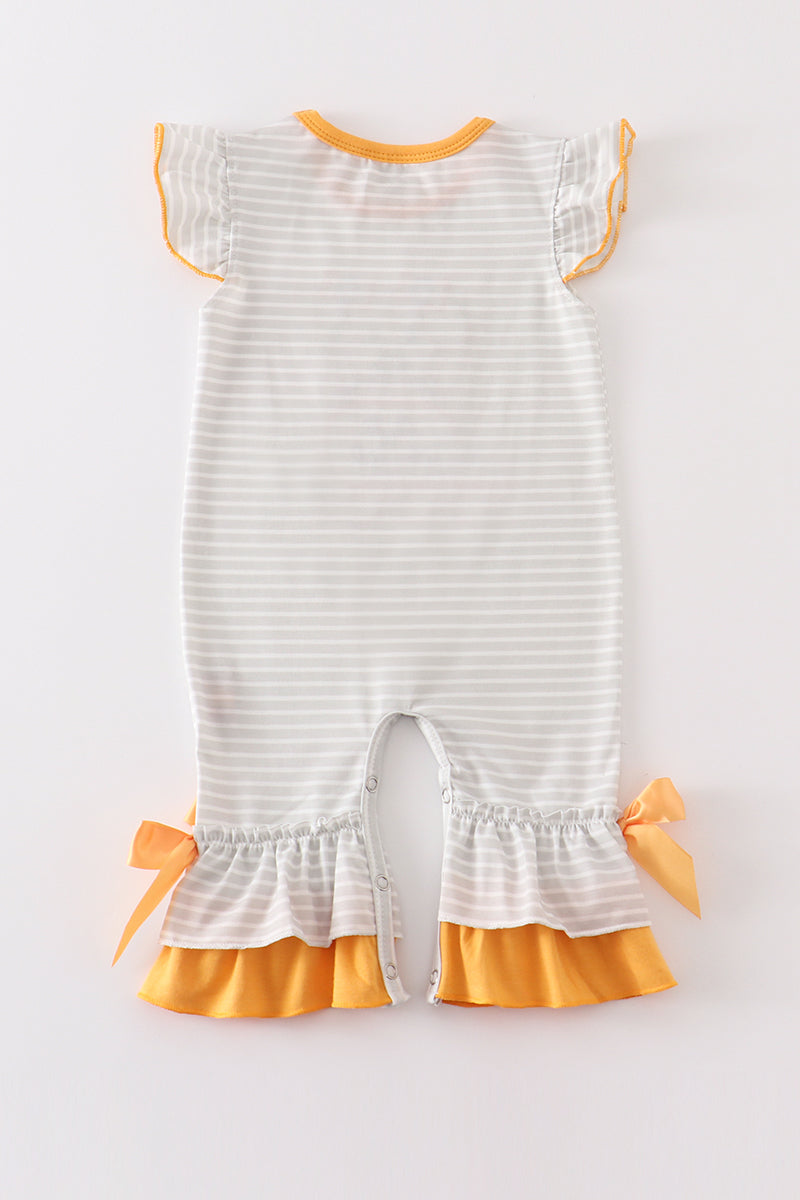 Grey stripe pumpkin applique girl romper