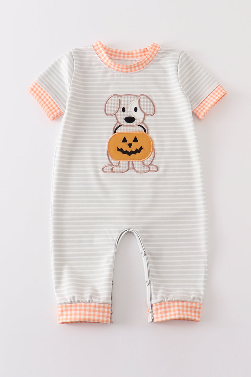 Grey stripe pumpkin applique boy romper