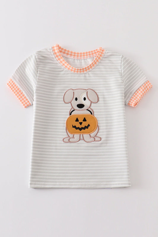 Grey stripe pumpkin applique boy top