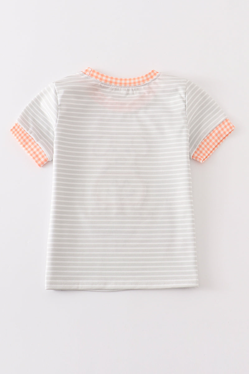 Grey stripe pumpkin applique boy top