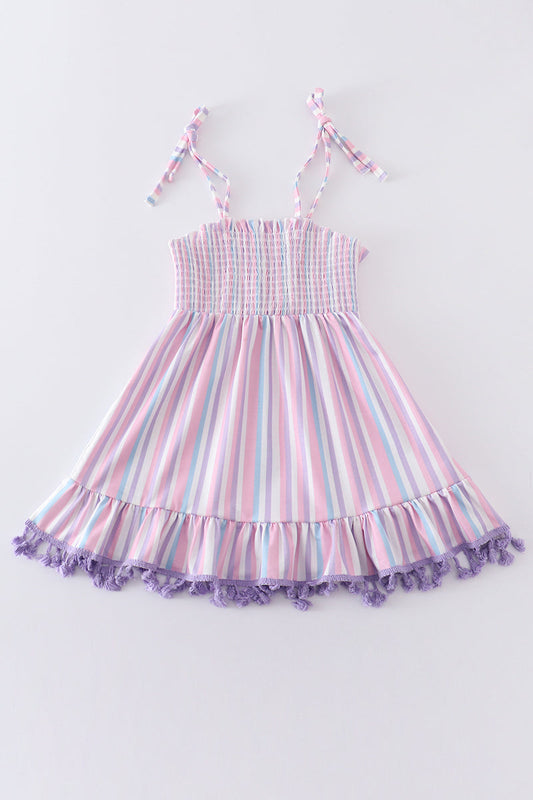 Purple stripe smocked strap dress