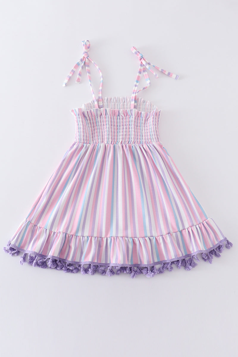 Purple stripe smocked strap dress