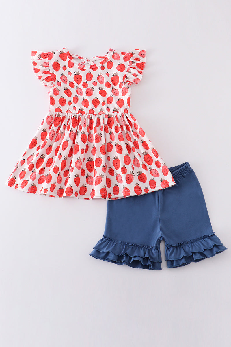 Red strawberry print girl set