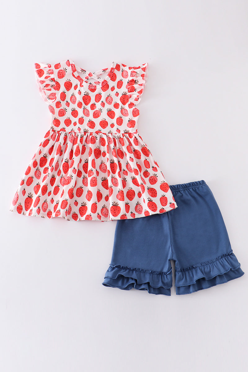 Red strawberry print girl set