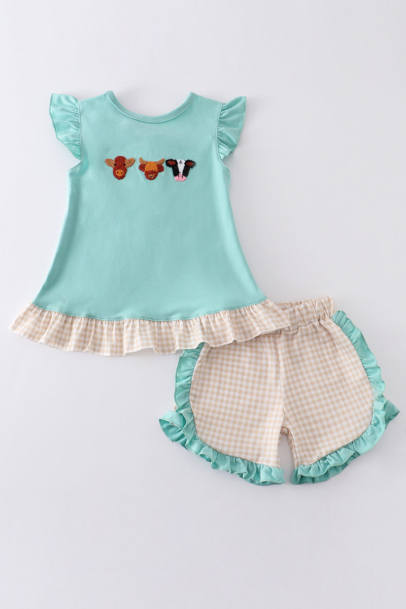 Green cow french knot girl set