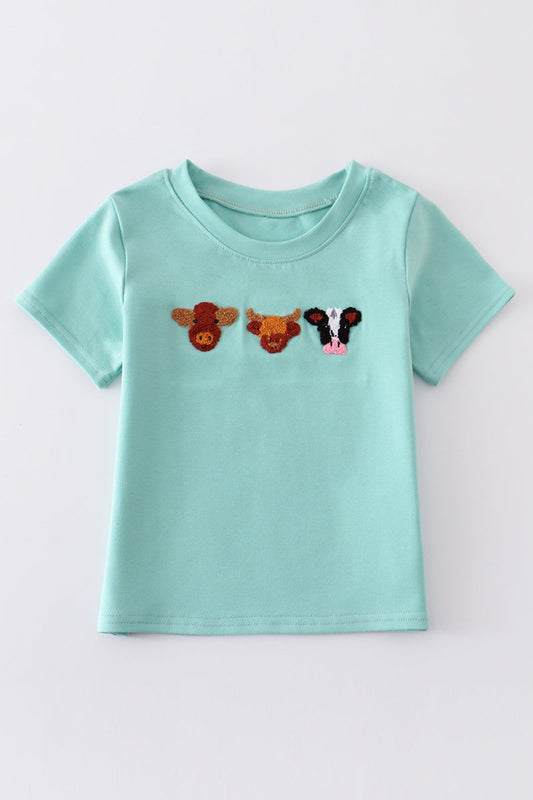 Green cow french knot boy top