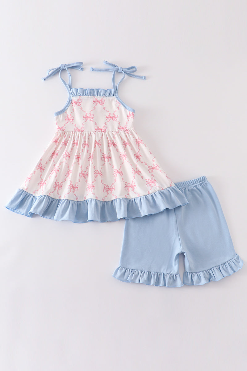 Pink bow print strap girl shorts set