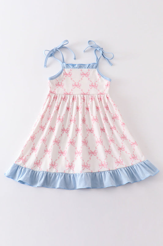 Pink bow print strap dress