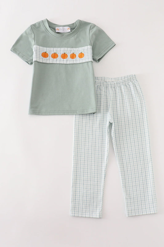 Green pumpkin embroidery check boy set