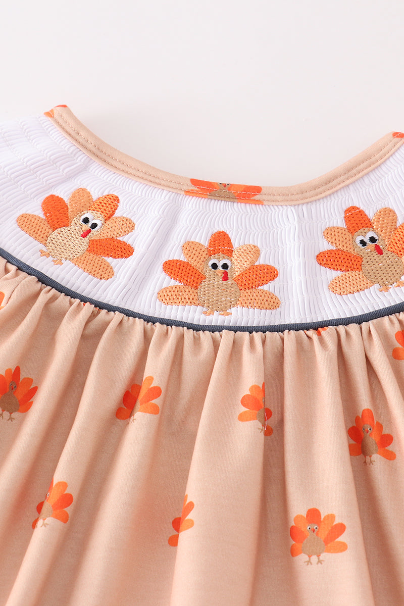 Khaki turkey embroidery smocked girl set