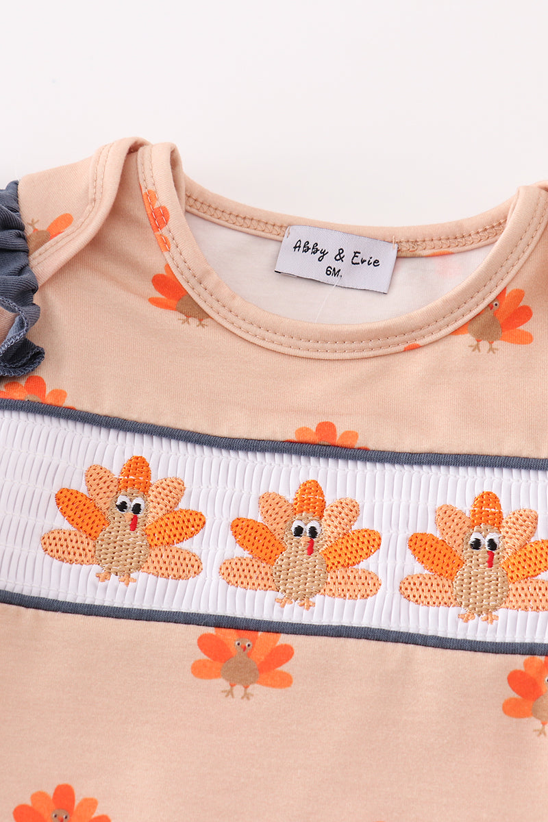 Khaki turkey embroidery smocked girl romper