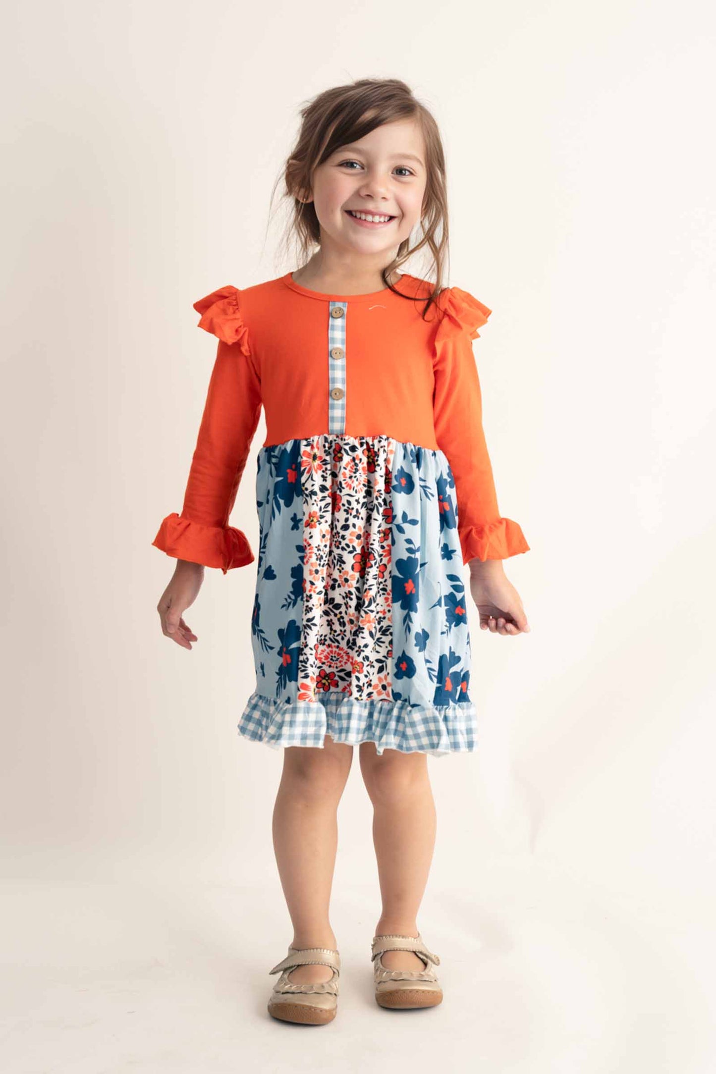 Orange floral print ruffle dress