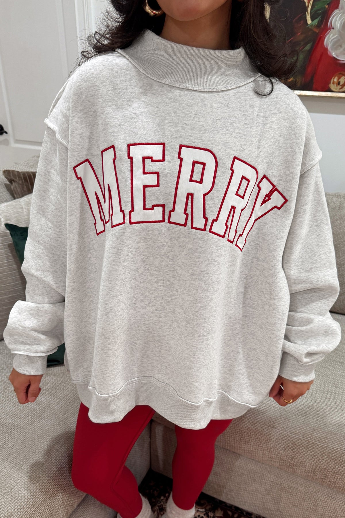 Fiery Red MERRY Embroidered Letter High Neck Tunic Pullover Sweatshirt