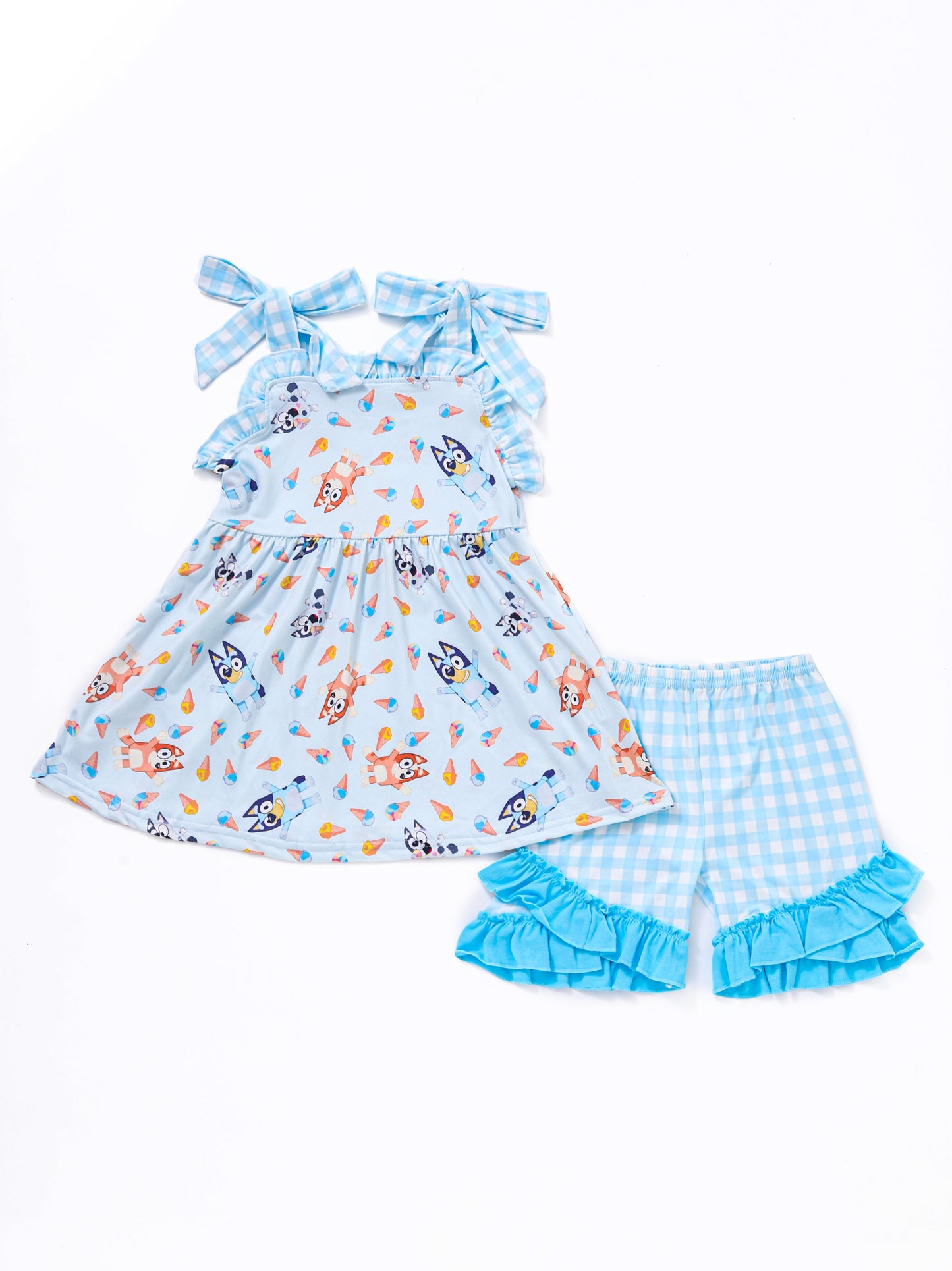 Blue character print plaid ruffle girl set