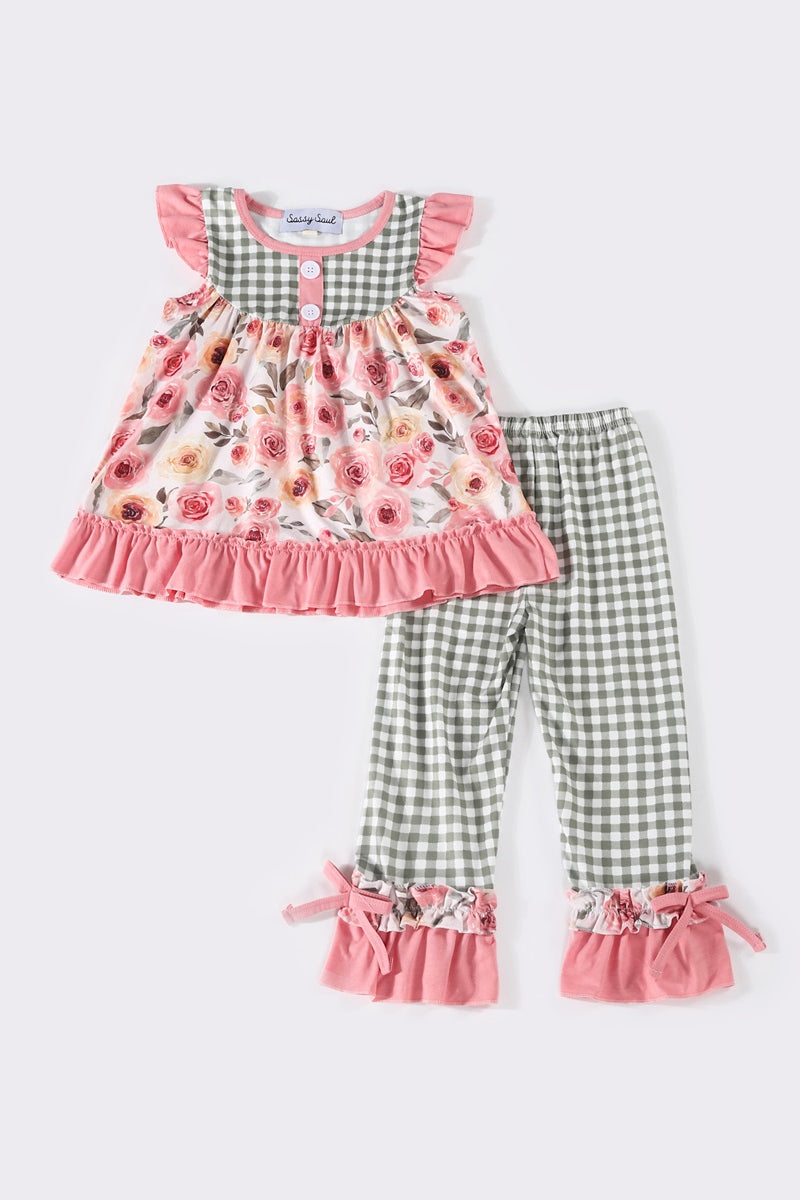 Pink floral print ruffle pants set