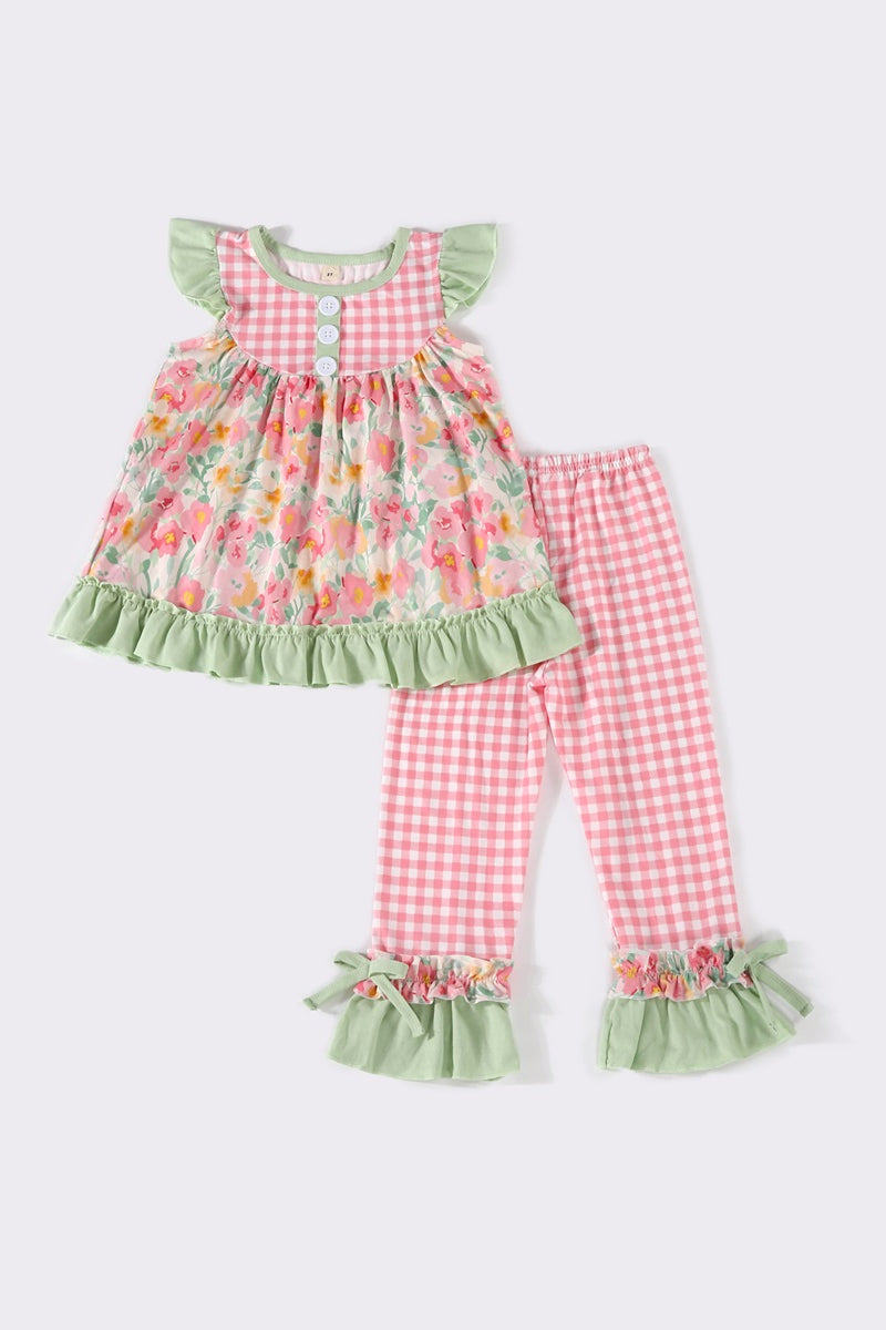 Pink plaid floral ruffle set