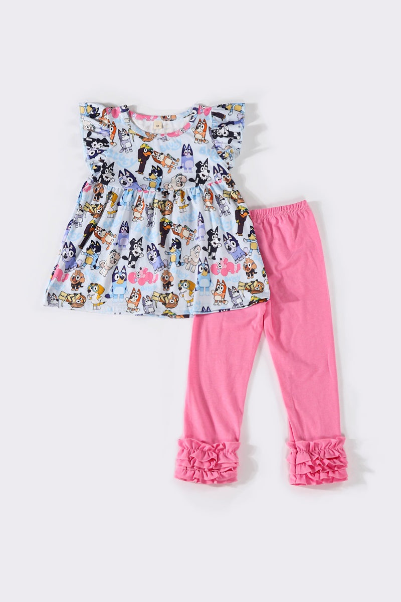 Pink character ruffle pants set