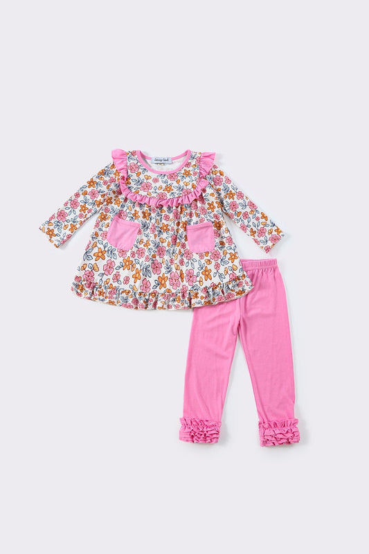 Pink floral ruffle girl set