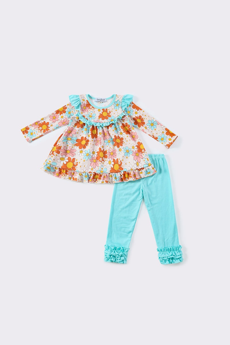 Orange floral ruffle girl set